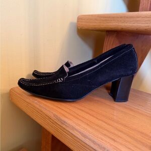 Black Suede Block Heel Loafers